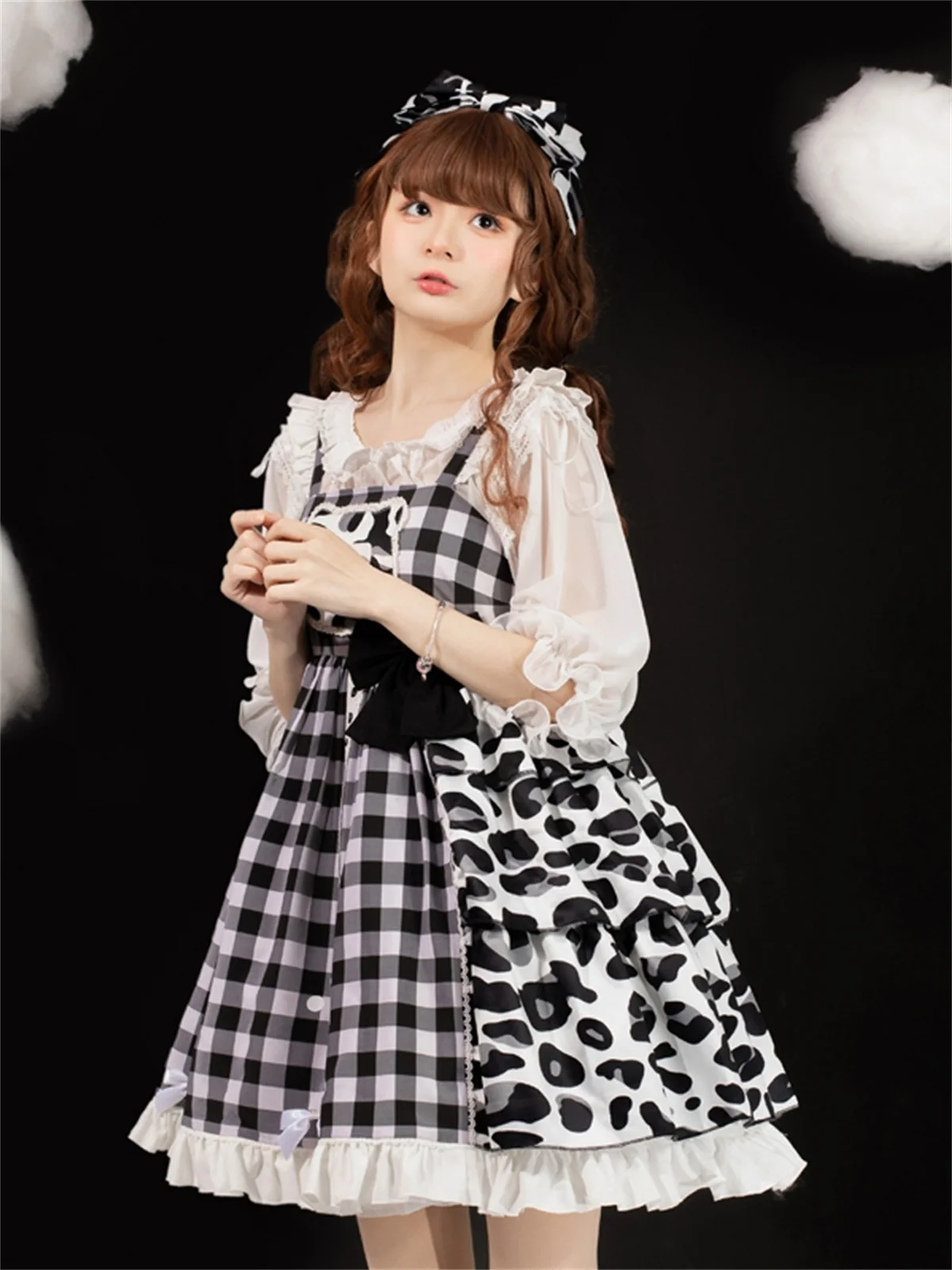 

Japanese Sweet Style Lolita Cosplay Kawaii Girls Jsk Cute Printing Grid Cows Cat Paw Love Bowknot Ruffle High Waist Dress