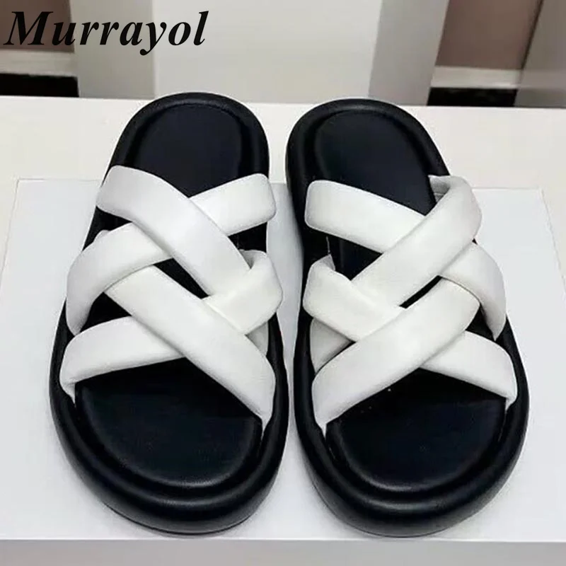 

Open Toe Genuine Leather Flat Heels Slippers Women Thin Band Cross Weaving Slides Summer Seaside Vacation Shoes Flip Flops