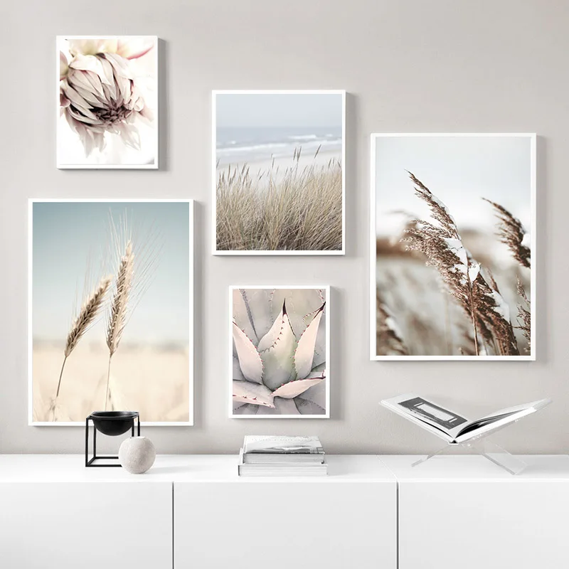 Wall Art Print Picture Nordic Cactus Reed Grass Sea View Plants Fowers Canvas Painting Poster Living Room Decor