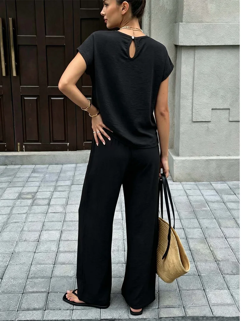 Women 2Pcs Textured Lounge Set, Crew Neck Cap Sleeve Side Slit Top Back Keyhole & Elastic Waist Wide Leg Pants, Light Summer