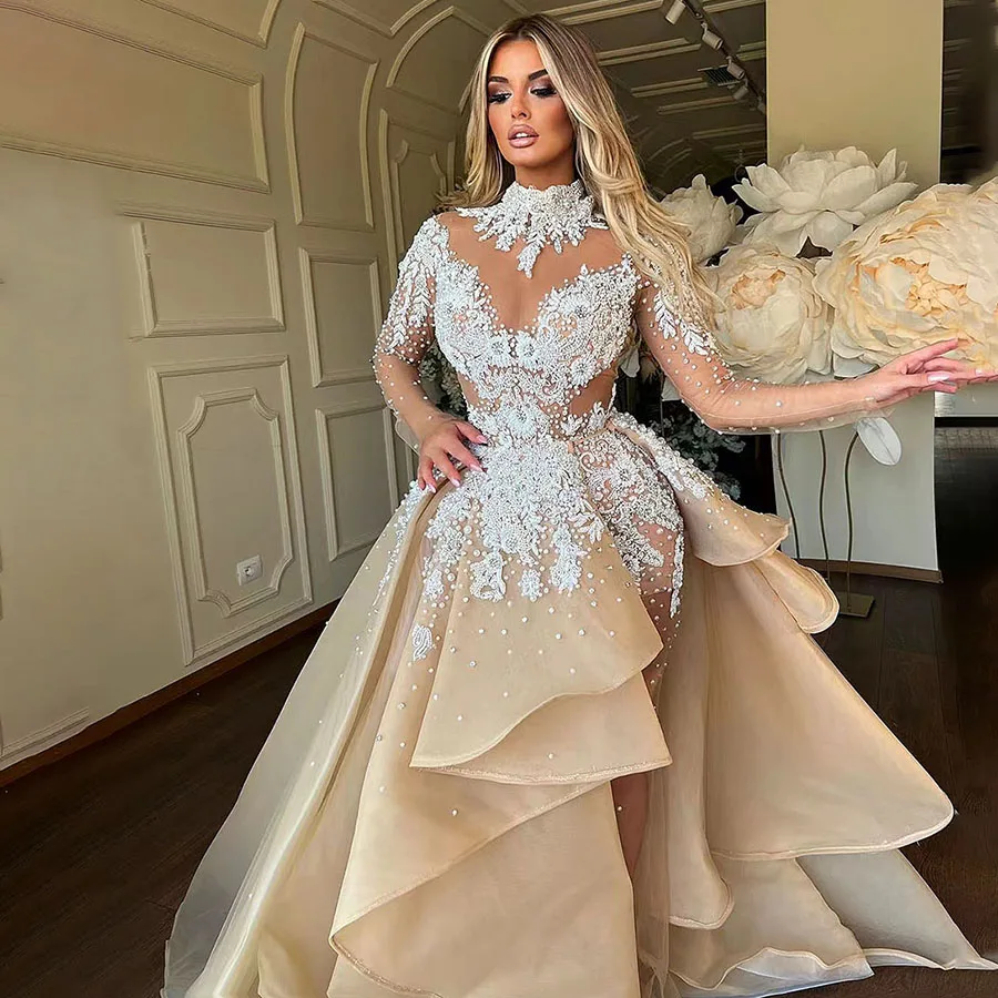 Luxury Beaded Lace Evening Dresses With Detachable Train Pearls Long Sleeves Formal Occasion Dress Robes De Soirée Wedding Dress