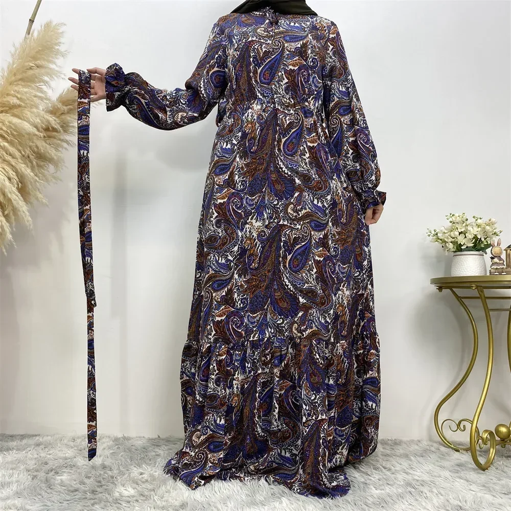 Saudi Women Loose Maxi Dresses Lace-up Turkish Dubai Abayas Muslim Dress Printed Floral Casual Robe Kaftan Long Dress Vestidoes