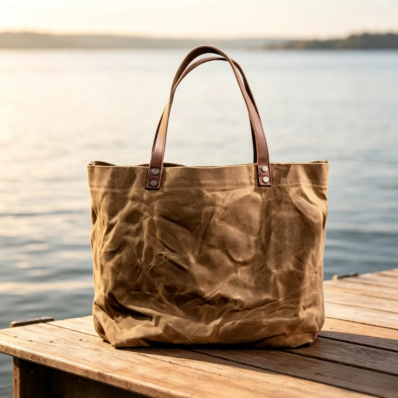 Waxed Canvas Bag Water-Repellent, Vintage Crinkle Shoulder Bag for Women Men, Large Capacity Handbag Durable Scratch-Resistant