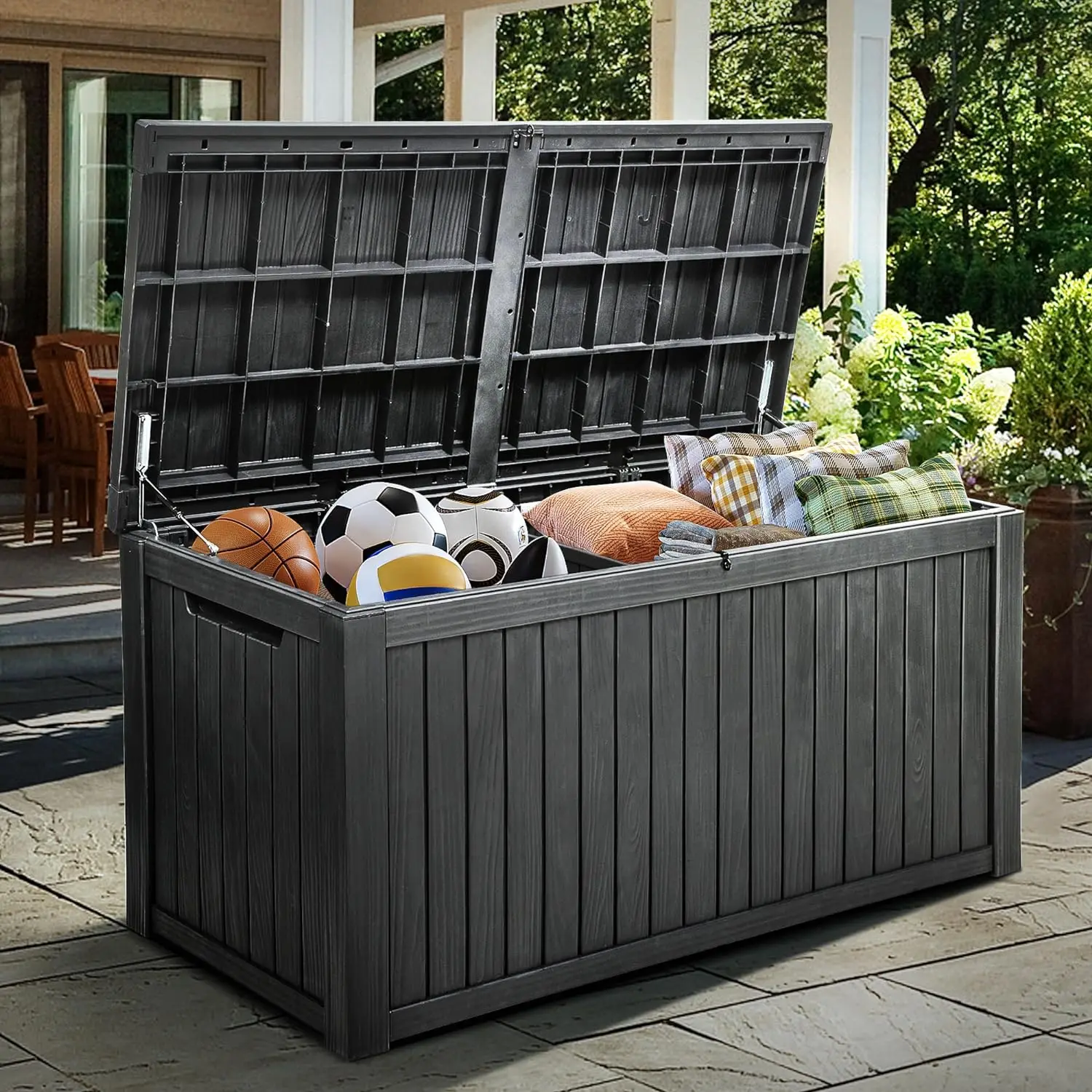 Deck Box Large Outdoor Storage w/Divider for Patio Furniture,Outdoor Cushions, Garden Tools, Sports Equipment and Pool Supplies