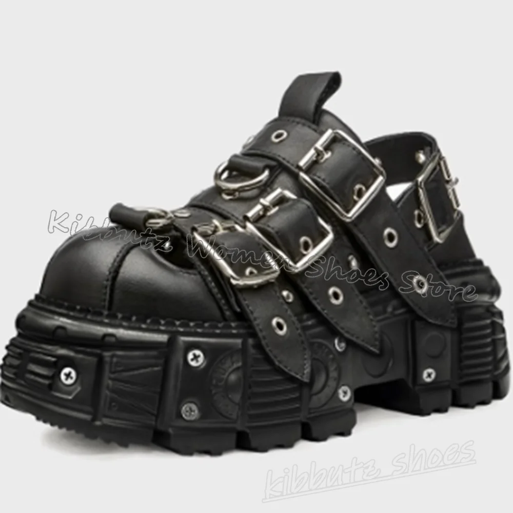 

Belt Buckle Sandal Sneaker Round Toe Thick Bottom Solid Color Leather Fashion Novelty Concise Sexy Rock Punk Women Shoes Newest