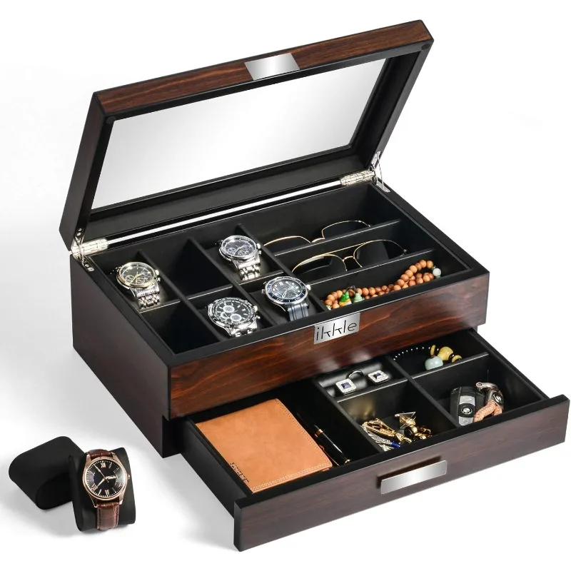 

Watch Box Organizer for Men, Luxury Wood Watch Jewelry Box with Valet Drawer, Glass Cover Watch Display Organizer, Jewelry