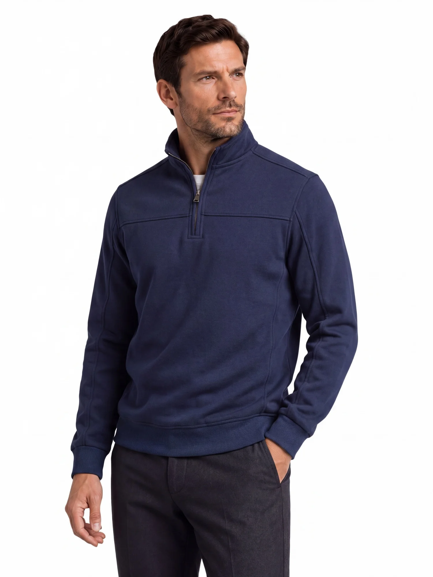Herren 2026 Halbreißverschluss-Sweatshirt mit Stehkragen aus Baumwolle, einfarbig, lässiger Langarm-Pullover, warm und gemütlich, Basic-Jumper für Herbst und Winter. – Detail 3