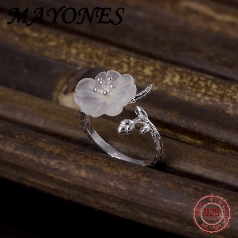 

Real 925 Silver Personalized Plum Blossom Branch Open Ring for Women's Fashion Creativity White Crystal Jewelry