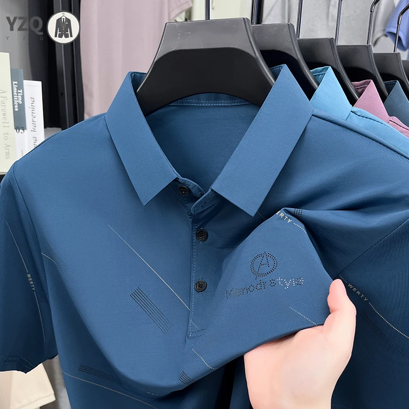 Men Short Sleeve Line Print Collared Polo Shirt Casual Style Comfortable Fit For Daily Wear Office And Weekend Activities