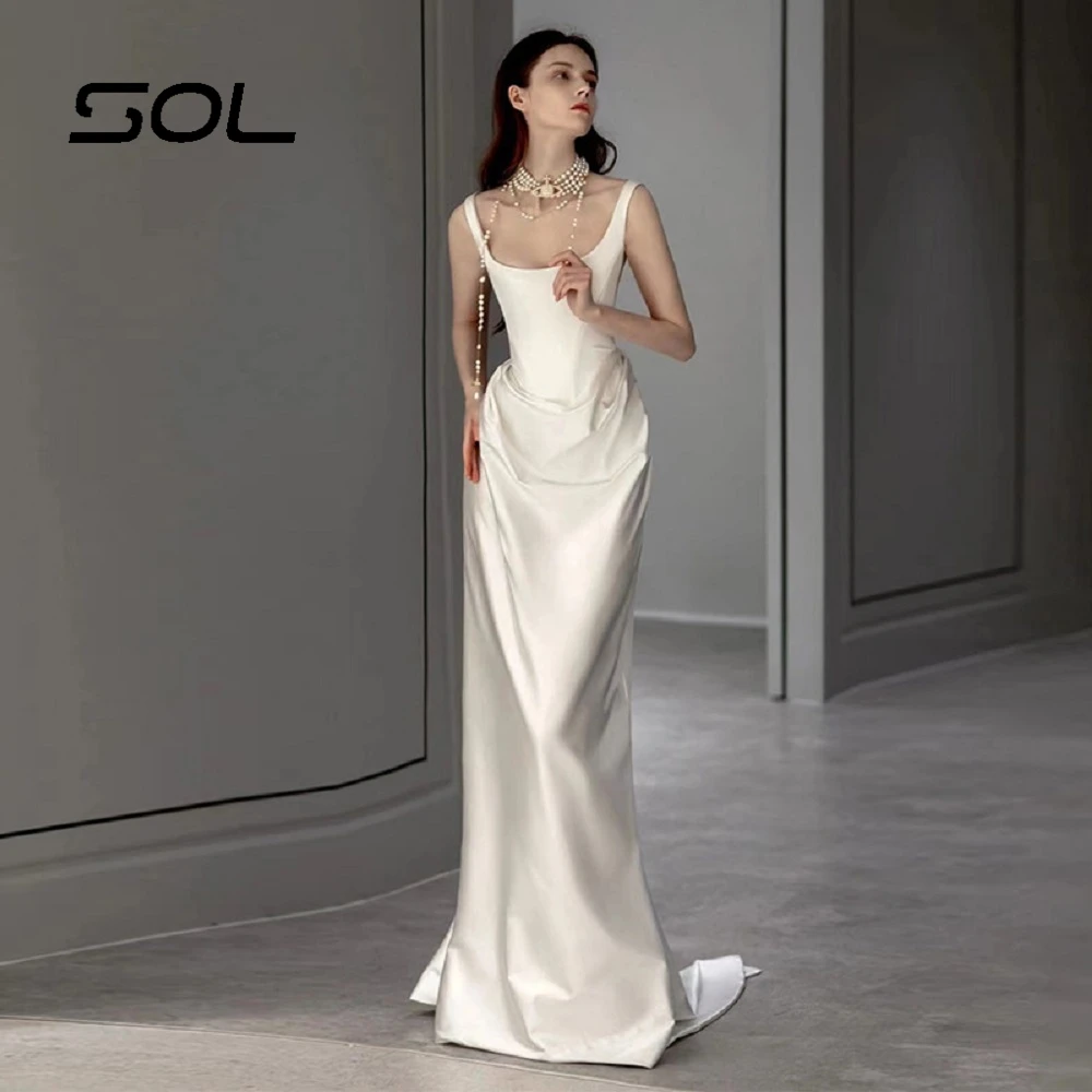 SOL-Sexy Boat-Neck vestido de casamento cetim para mulheres, bainha, cintas de espaguete, simples, sereia sem costas, vestidos de noiva