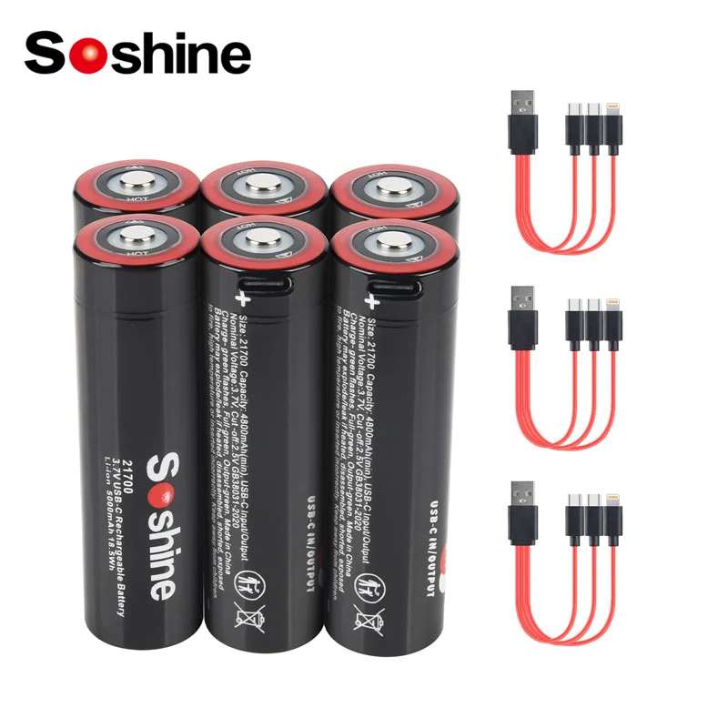 

Soshine 3.7V 5000mAh 21700 Battery USB 21700 Lithium Multi-function Rechargeable Battery Type-c Input 5V Output with Plug