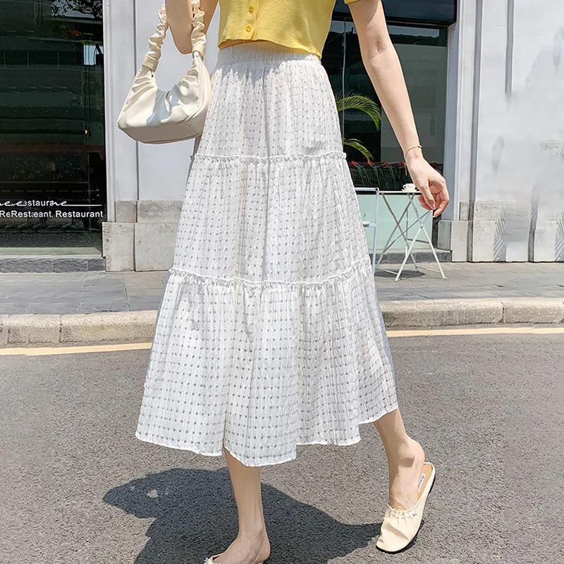 Plaid Black Lace Pleated Female Chiffon Long Skirt Fresh Women High Waist Hollow Solid Casual Vintage A-Line White Summer Skirts