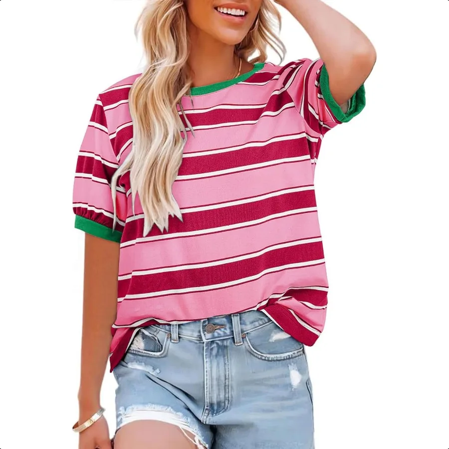 

Dokotoo Womens Summer Tops 2025 Striped Color Block Short Sleeve TShirts Crewneck Casual Loose Basic Tee Blouses