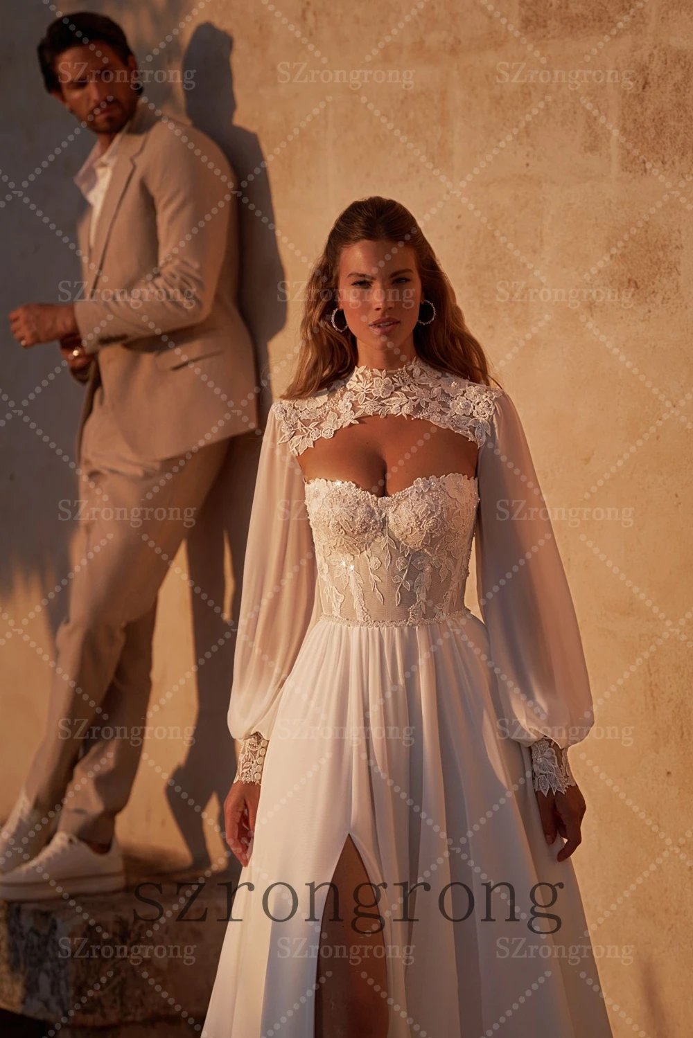 Custom Made Bohemaid Sweetheart Collar Tulle Wedding Dress Lace Open Back Jackets Floor Length Side Slit Bridal Dress with Court