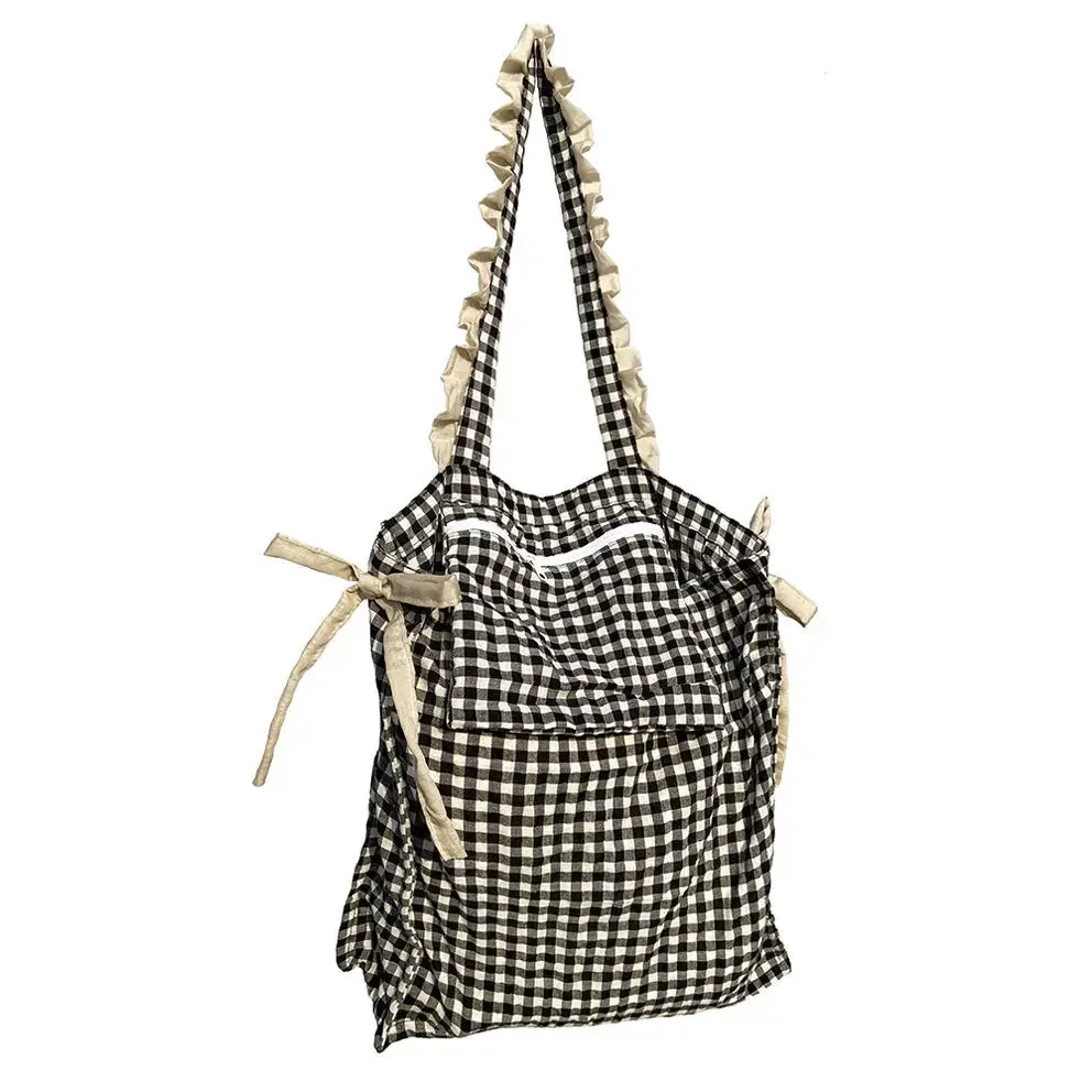 Sac à main décontracté en coton froncé pour femme, plaid, fermeture éclair, doux, grande capacité, initié, shopping, Mori Girl, printemps, nouveau, 2022