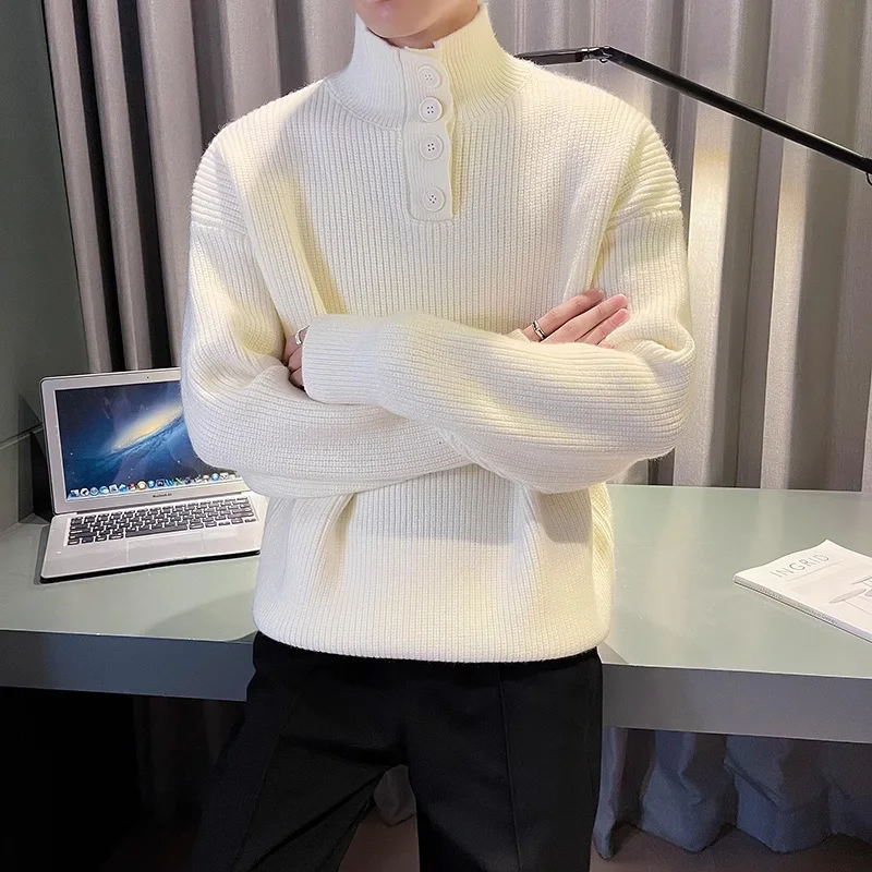 

Button up Knitwear Men's Autumn Winter High Collar Sweater Faion Brand Pure Color Loose Fit Long Sve Casual Wear
