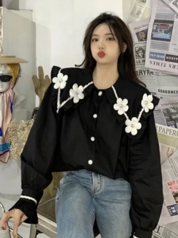 

Heavyweight Floral Collar irt for Men And Women Spring Autumn Season Ear Pile Flower Korean Sle Long Sve irt