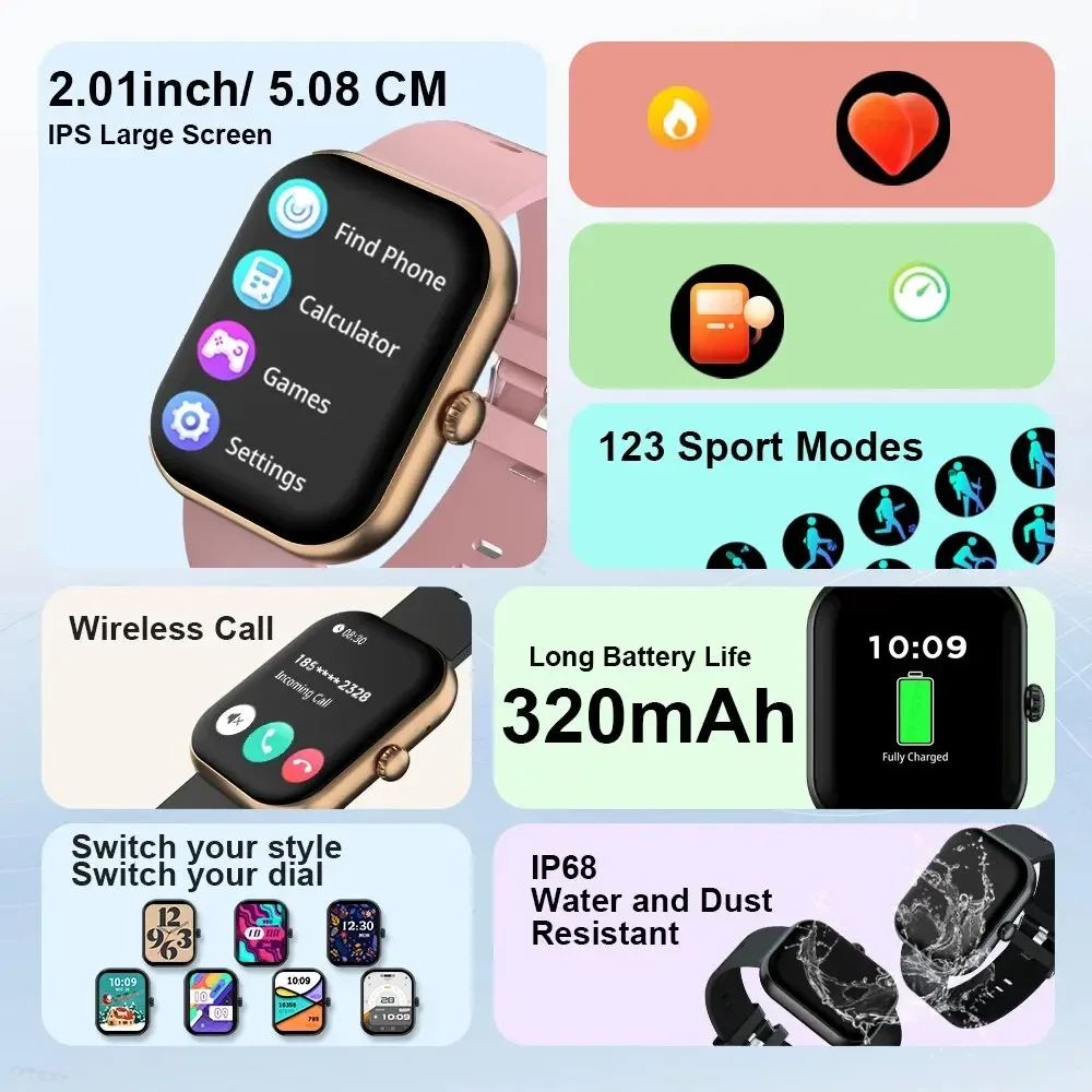 LAXASFIT 2024 New Smart Watch 2.01 inch Color Screen Full Touch Custom Dial Smart Watch Men Women Bluetooth Talk SmartWatch Gift