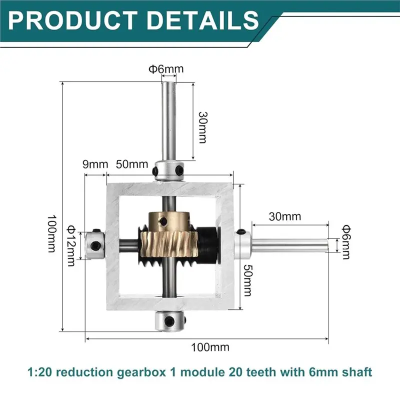 Best-Worm Gear Riduzione 1:20 1 modulo 20 denti Kit fai da te ingranaggio a vite senza fine ad angolo retto da 90 gradi con albero da 6 mm, 100X100x50mm