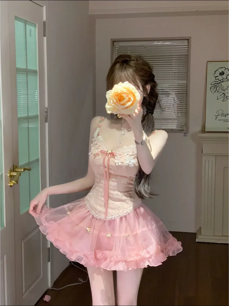 Design Summer Sweet Slim 2-piece Set Women Vintage Chic Off Shoulder Bow Sling Tops Female + Elastic Waist Short Skirt Outfits