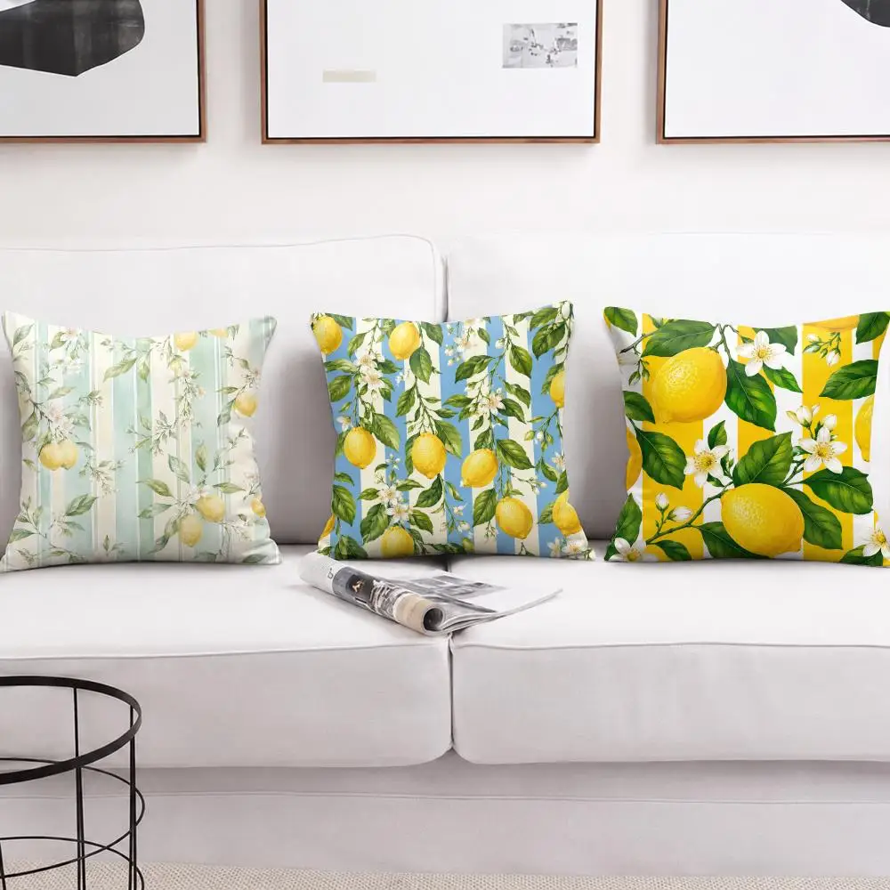 Lemon Stripes Surface Pattern Cushion Cover Short Plush Soft Double-Sided Printing Pillow Case Cozy Sofa Bedroom Home Decor Gift