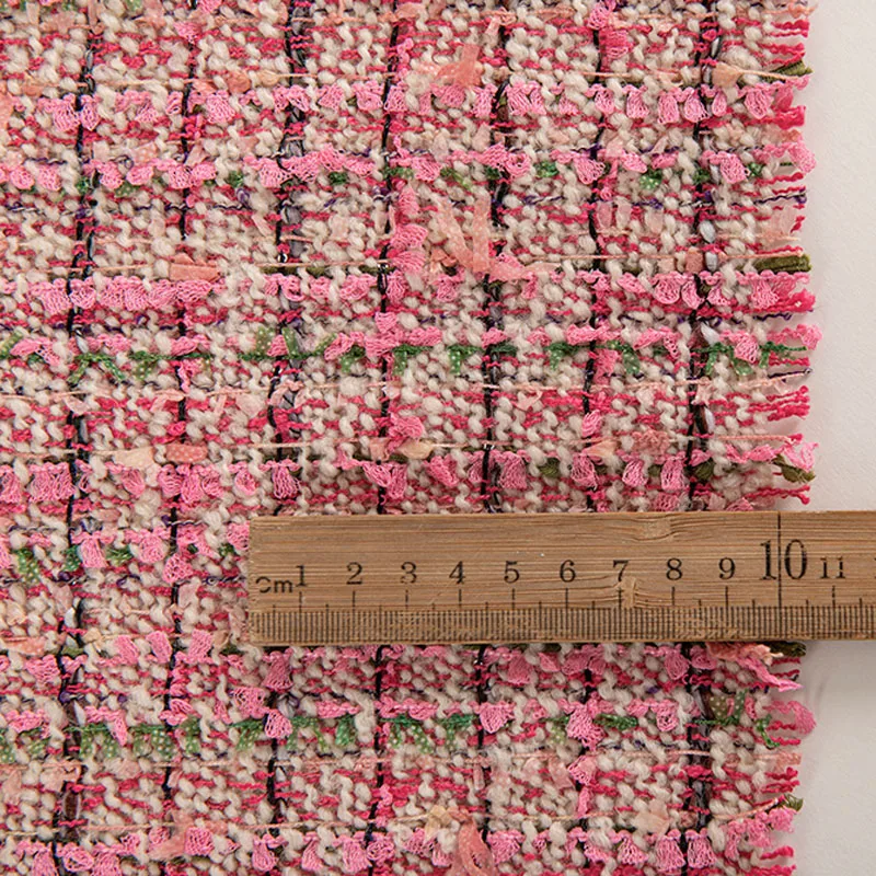 Pink and Green Lattice Yarn-Dyed Braided Tweed Fabric For Woman Jacket Dress Suit Coat Handbag 원단 DIY Tweed Cloth Sewing  ﻿