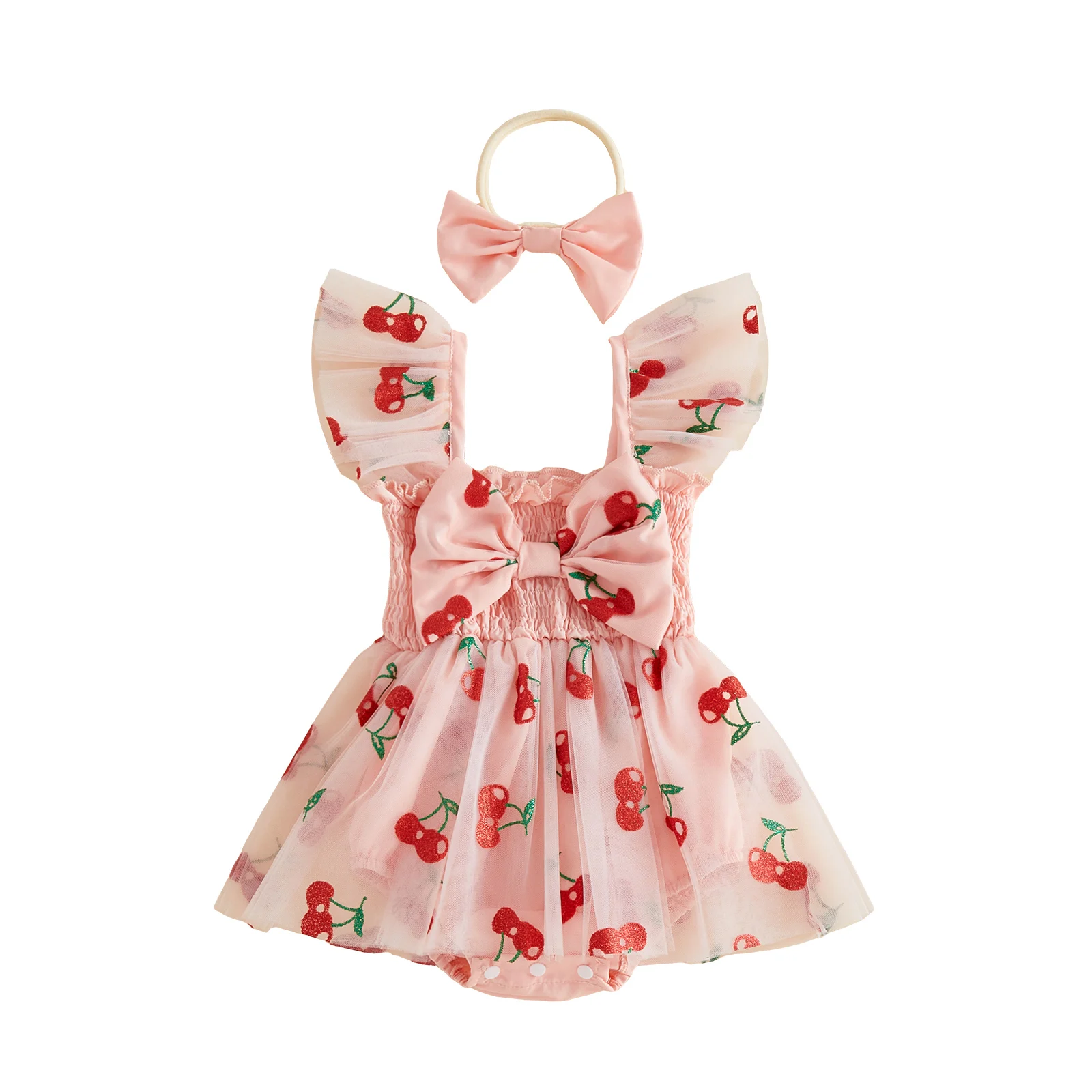 

Baby Girls Summer Romper Dress Flying Sleeve Cherry Print Mesh Patchwork Bodysuit with Bow Headband