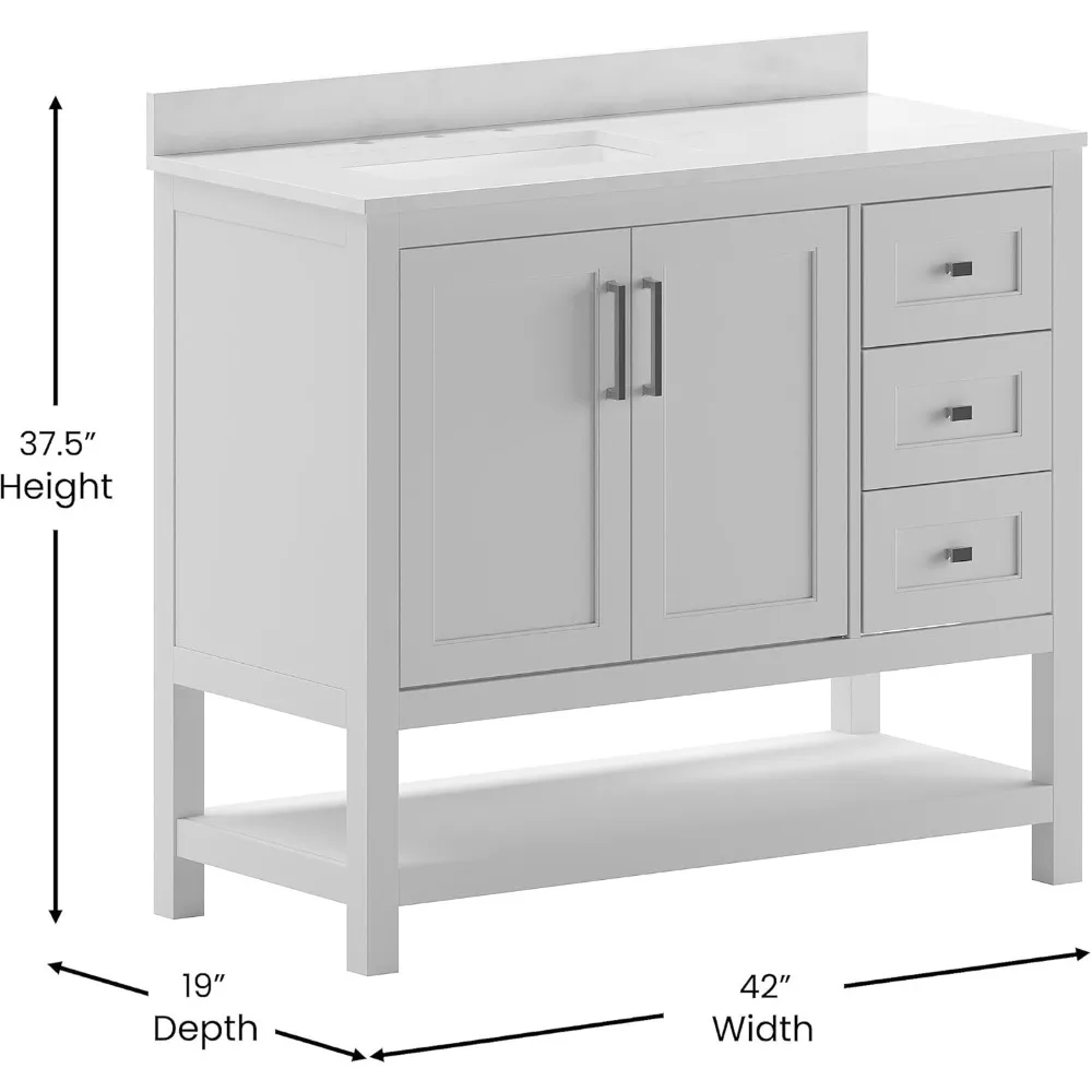 42 Inch Bathroom Vanity, Single Sink Cabinet with 2 Soft Close Doors, Open Shelf and 3 Drawers, Marble Finish Counter top, White