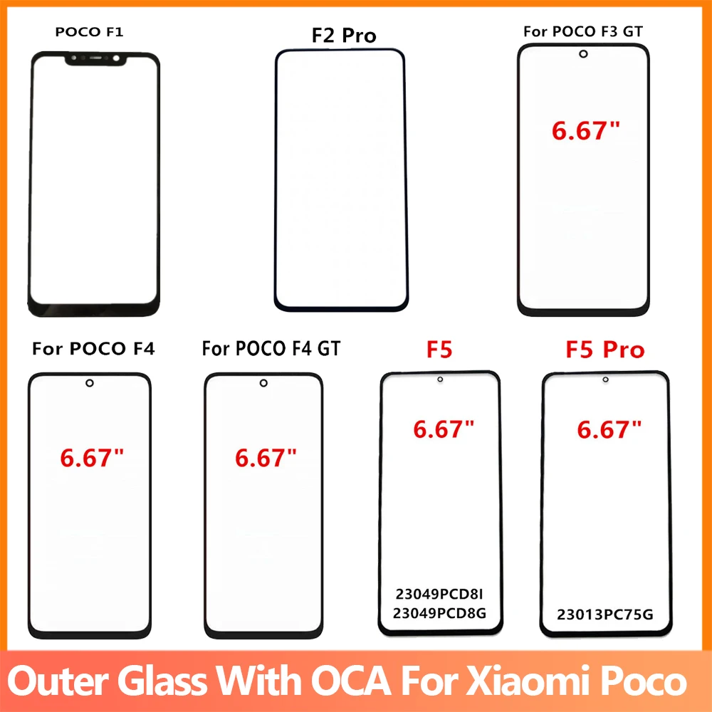 Outer Glass + OCA For Xiaomi POCO F1 F2 F3 F4 GT F5 Pro Touch Screen Front Panel Repair LCD Display Replace Repair Parts