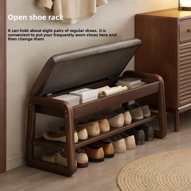 Solid wood shoe changing stool, home entry at the door, you can sit on the shoe stool and shoe cabinet when you enter the door view 3