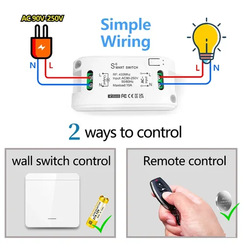 Imagen 2 del producto Interruptor de luz con Control remoto inalámbrico RF, pulsador de pared, receptor de relé de hasta 433M de Control para lámpara, 110 Mhz, CA 220V 100 V