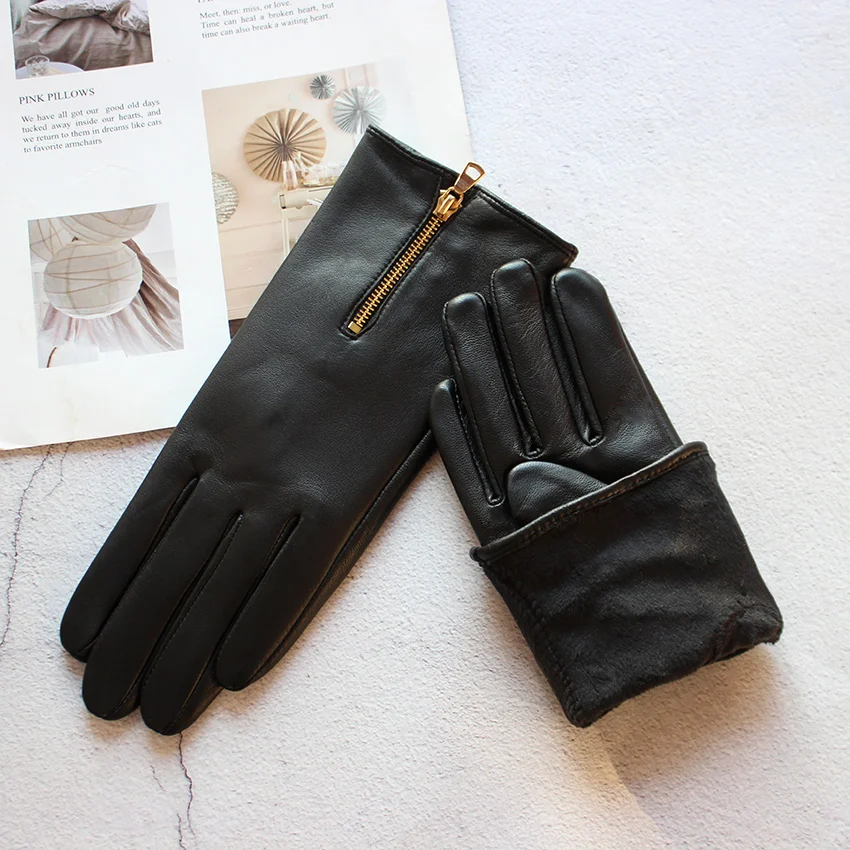 Fashion Zipper Leather Sheepskin Gloves Women\'s Suede Autumn and Winter Warm New Touch Screen Motorcycle Riding Gloves