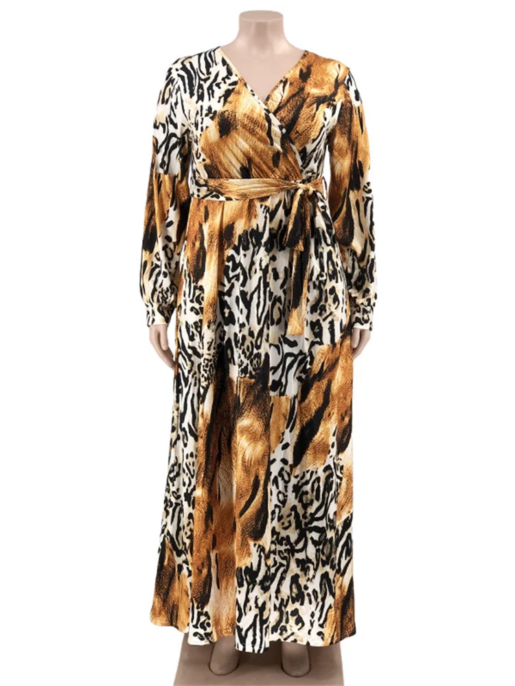 Wmstar Plus Size Dresses for Women Clothes V Neck Long Sleeve Leopard Print Elegant Maxi Long Dress Wholesale Dropshipping 2022