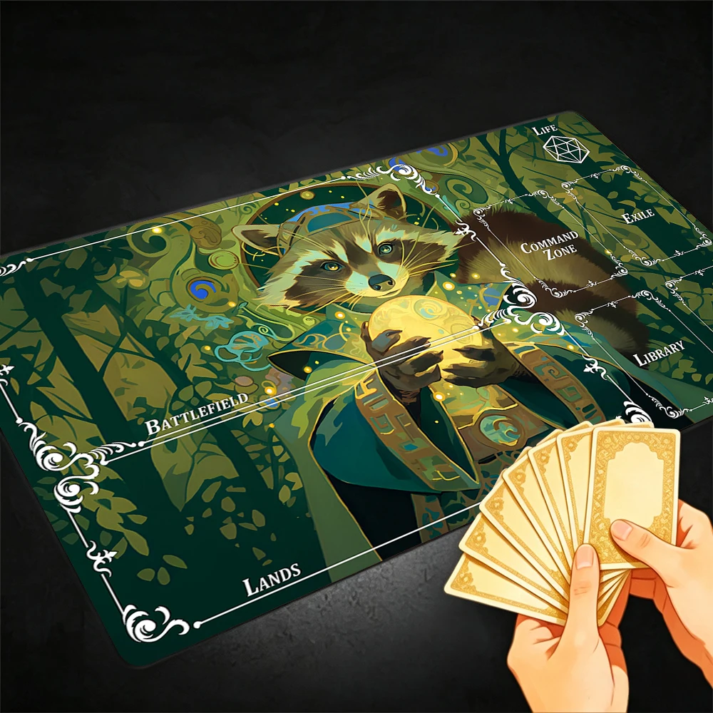 Raccoon Wizard TCG Playmat Magic Playmat with Stitched Edge Anti-slip base 60X35cm Gathering Gaming Mat Trading Card Game