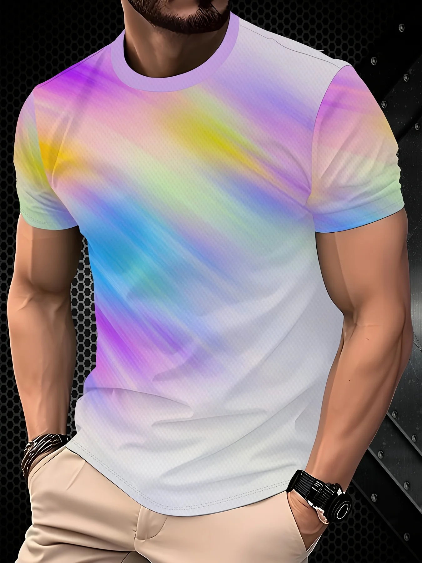 Men Quick Dry T-shirt High Elastic Rainbow Gradient Tie Dye Print Short Sleeve Breathable Crew Neck Tee