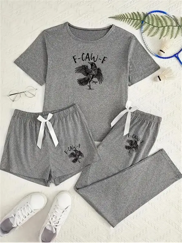Set di indumenti da notte da donna in 3 pezzi, pigiama con stampa corvo, stile aderente casual, indumenti da notte comodi per tutte le stagioni, tessuto moderato spesso