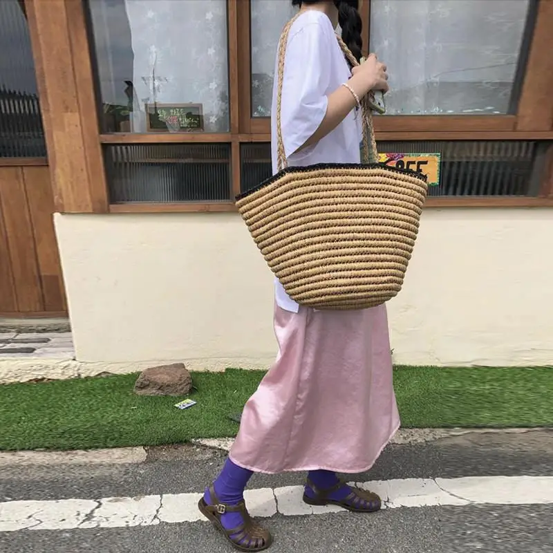 korean-style-ins-striped-color-block-weaving-single-shoulder-bag-zipper-closure-large-capacity-travel-holiday-beach-bag