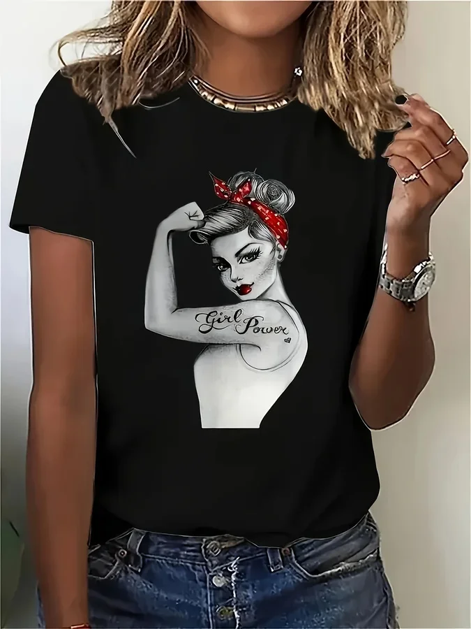 Wo's Rosie the Riveter 'We Can Do It!' Vintage T-Shirt - Iconic Pin-Up Design with Red Bandana & Polka Bow, Stretch Short Sleeve