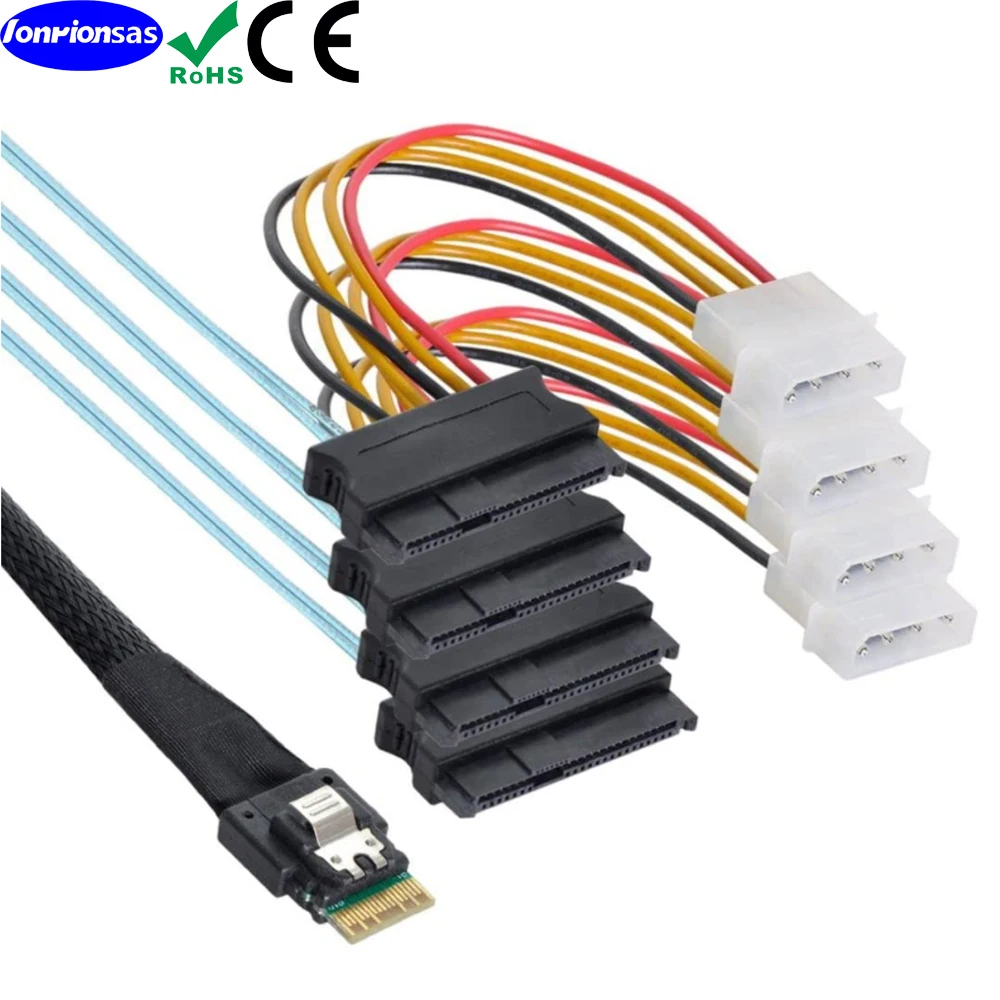 Slimline SAS PCIe 4.0 SFF-8654 4i 38Pin Host to 4 Port SFF-8482 Breakout Cable With 4P Power For SAS SATA Hard Drive