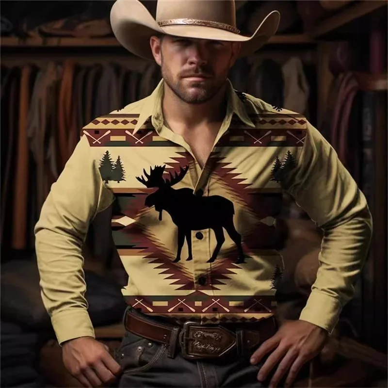 Western-style men's 3D vintage printed shirt, color-blocked patchwork, long-sleeved, collared, casual and versatile men's top.