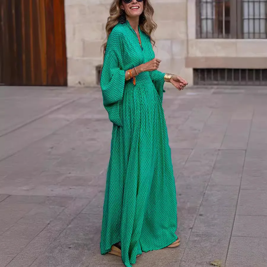 Vintage Boho Women's Casual Dress Sping Fall Fashion V-neck Lantem Sleeve Folds Waist Loose Maxi Streetwear Loose Robe Femme