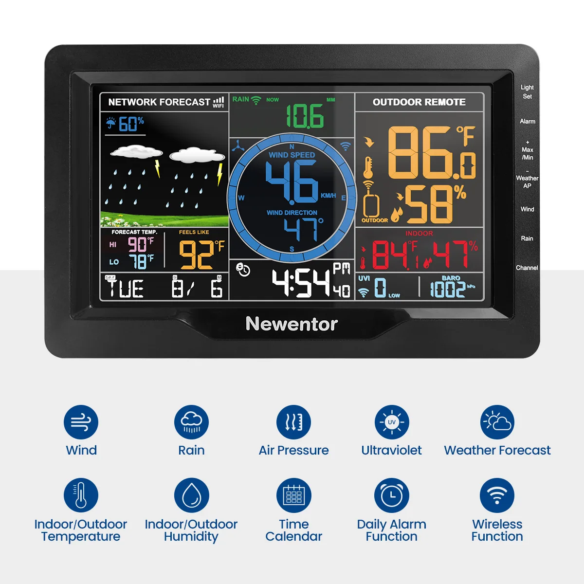 Multifunktions-Wetterstation, 8-in-1-Temperatur- und Luftfeuchtigkeitsuhr, Windgeschwindigkeit und Pluviometer, Wettervorhersage mit Außensensor