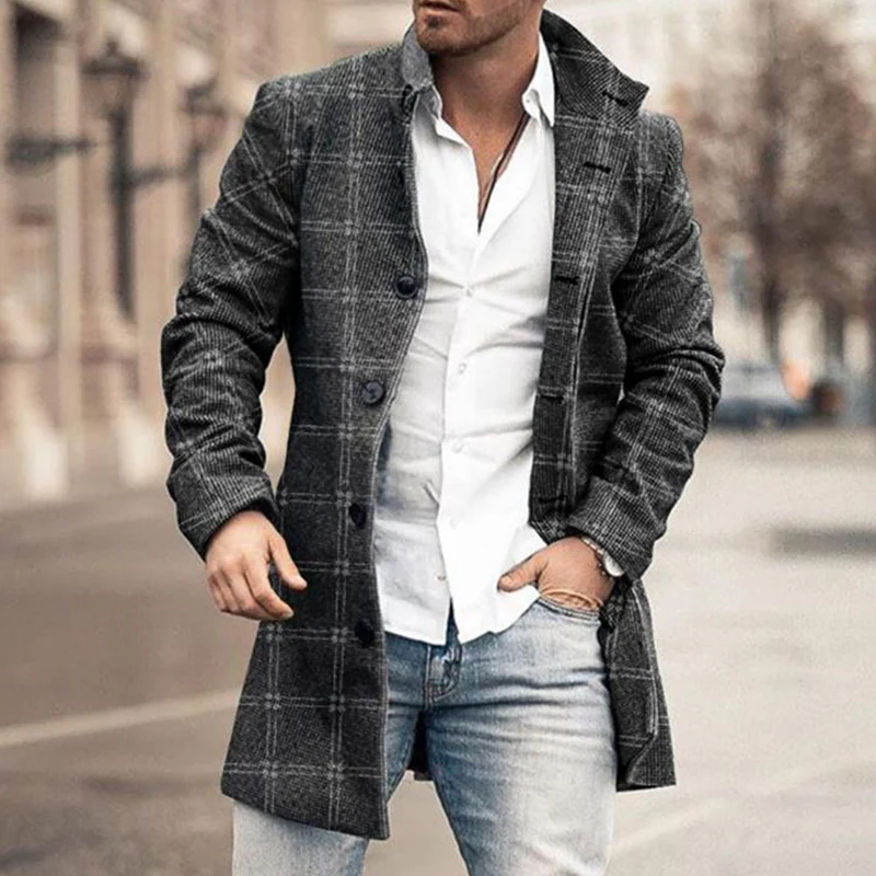

Осенне-зимний мужской клетчатый принт на пуговицах с отложным воротником, шерстяная куртка, пальто, мужской деловой костюм, длинные пальто, верхняя одежда