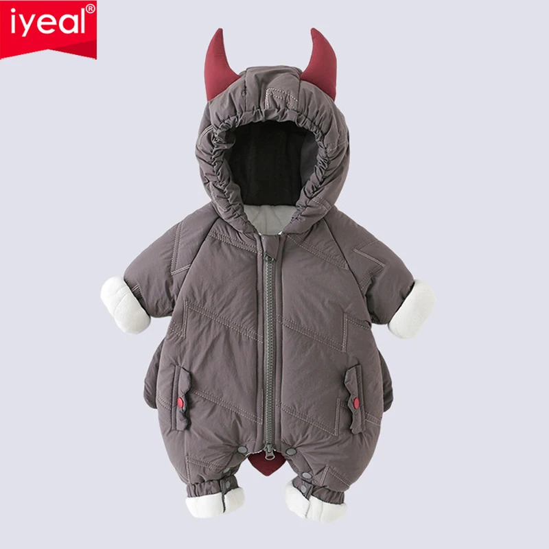 IYEAL  Unisex Baby Winter Quilted Hooded Romper Cute Horn & Tail Decor Zipper Jumpsuit with Pockets Newborn Thickened Outerwear