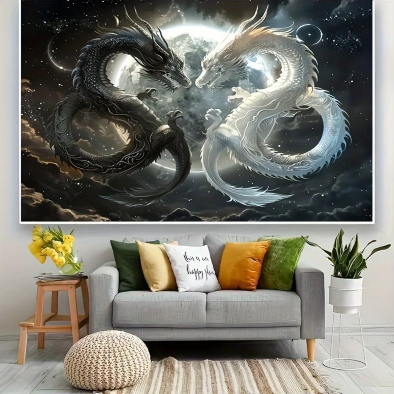 Mysterious Yin-Yang Double Dragon Pattern Tapestry, machine washable polyester, suitable for bedroom and living room decoration.