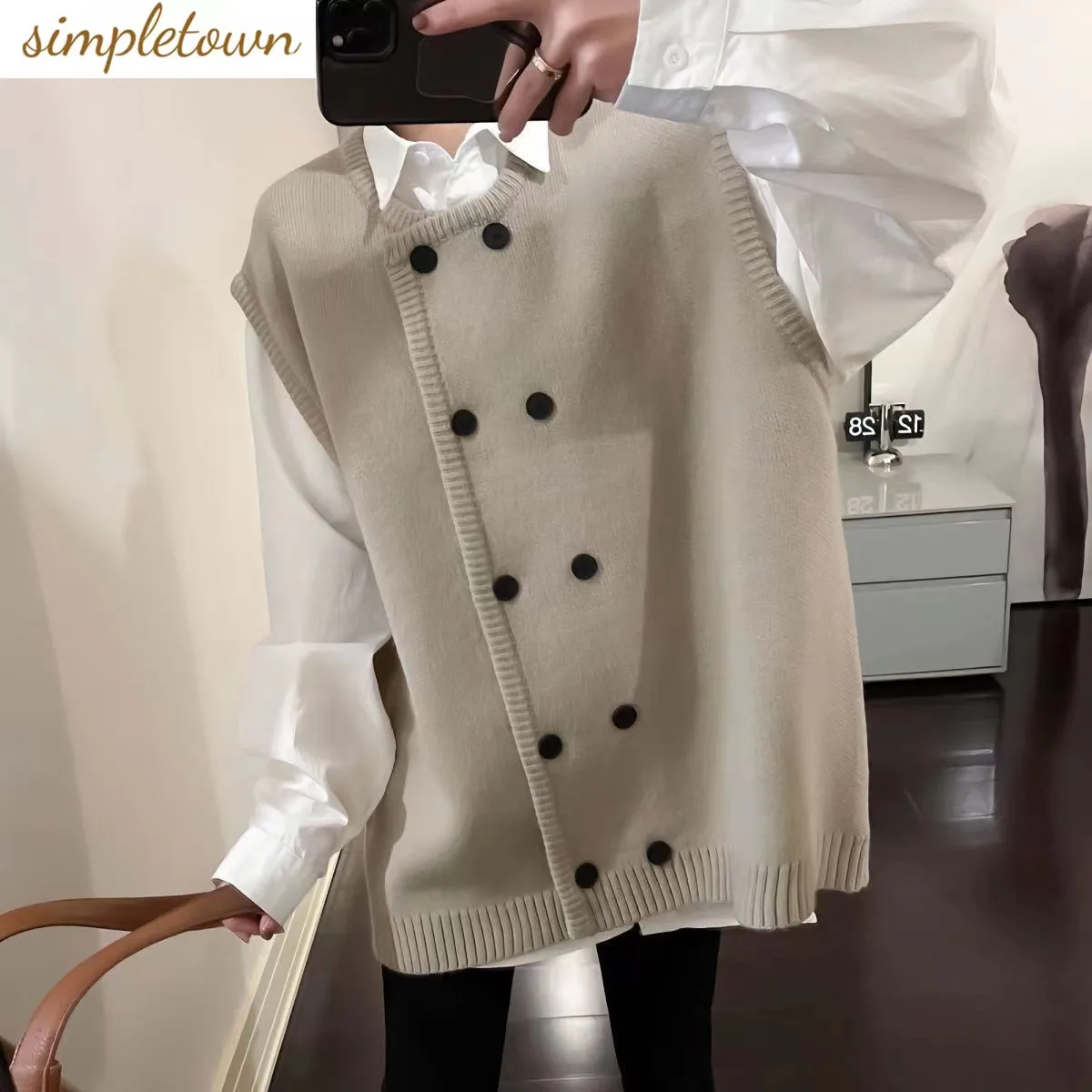 

Spring and Autumn Double Breasted Knitted Cardigan Tank Top 2023 New Loose Reducing Age Sweater Elegant Women's Coat