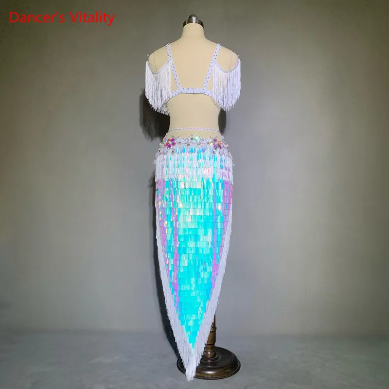 Girls belly dance Competition suit bring bring sequins suit adult child shaabi dance suit bra and fringes skirt 2pcs customsize