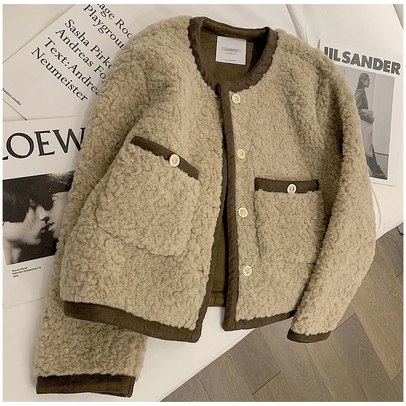 

Short Lamb Wool Coat for Women Autumn Winter Solid Long Sleeve Loose Cardigan Jacket Female Basics Thicken Warm Tops