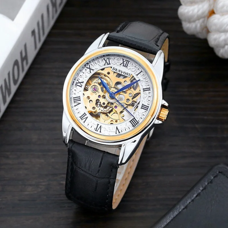 Automatic Mechanical Watch with Hollowed Dial Steel Case and Leather Strap 38mm Diameter and 15mm Thickness Daily Wateproof