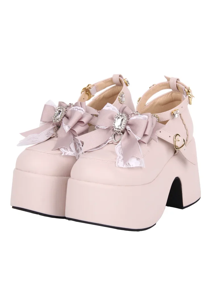 2025 New Lolita Shoes Punk Diamond Lace Bow Thick Soled Single Shoes Japanese Girls' Tea Party Single Shoes Large Size 33-50